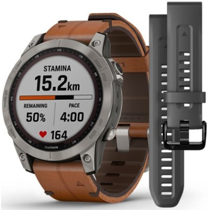 Garmin Fenix 7 Gps Watch Sapphire Solar Titanium / Chestnut Leather Band 